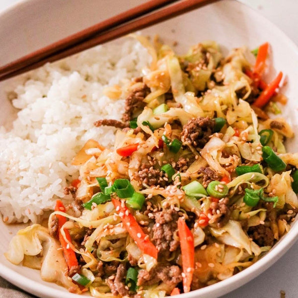 Asian Ground Beef and Cabbage Stir Fry Cal401/Fat14/Protein38