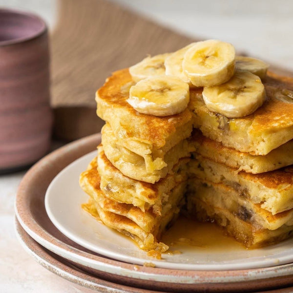 Banana Chocolate Chip Pancakes with Maple Syrup