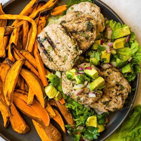 Cilantro Lime Grilled Turkey Burgers with Sweet Potato Fries and Fresh Avocado Salsa